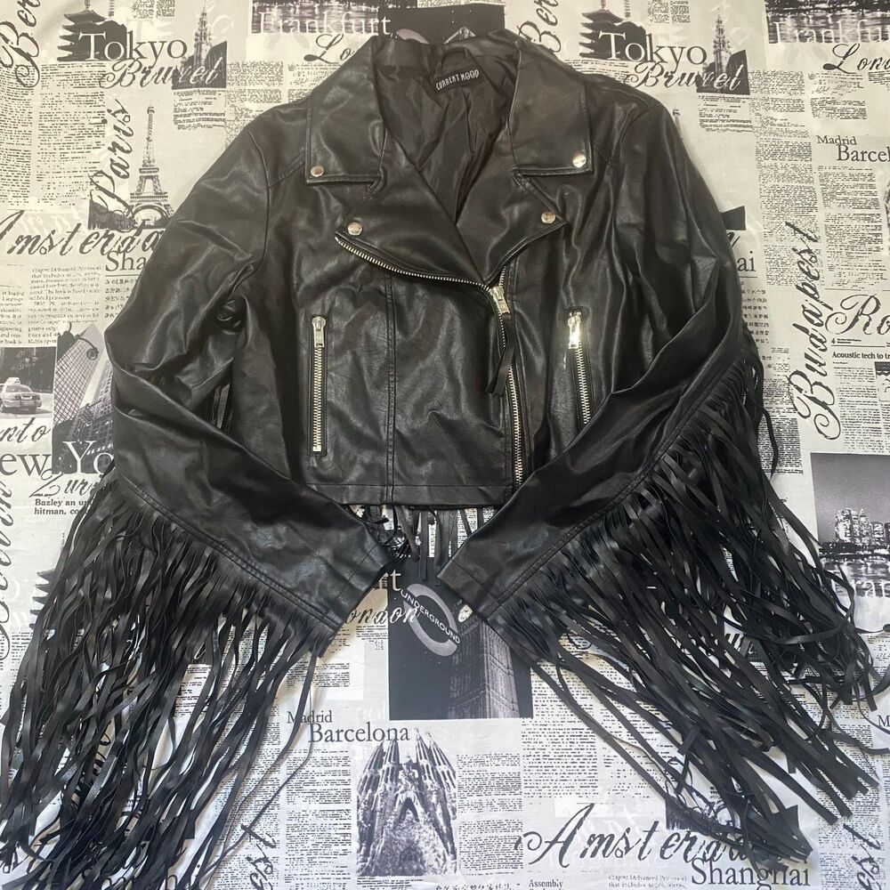 Current Mood faux leather moto jacket fringe emo goth fall autumn coat